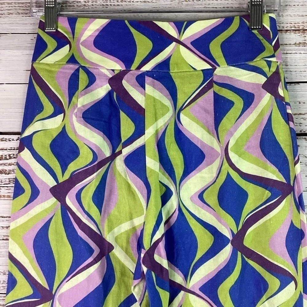 ZARA RETRO SIZE XS BLUE GREEN FLARED SUMMER PANTS SWIRL SPRING VACATION NWT‎